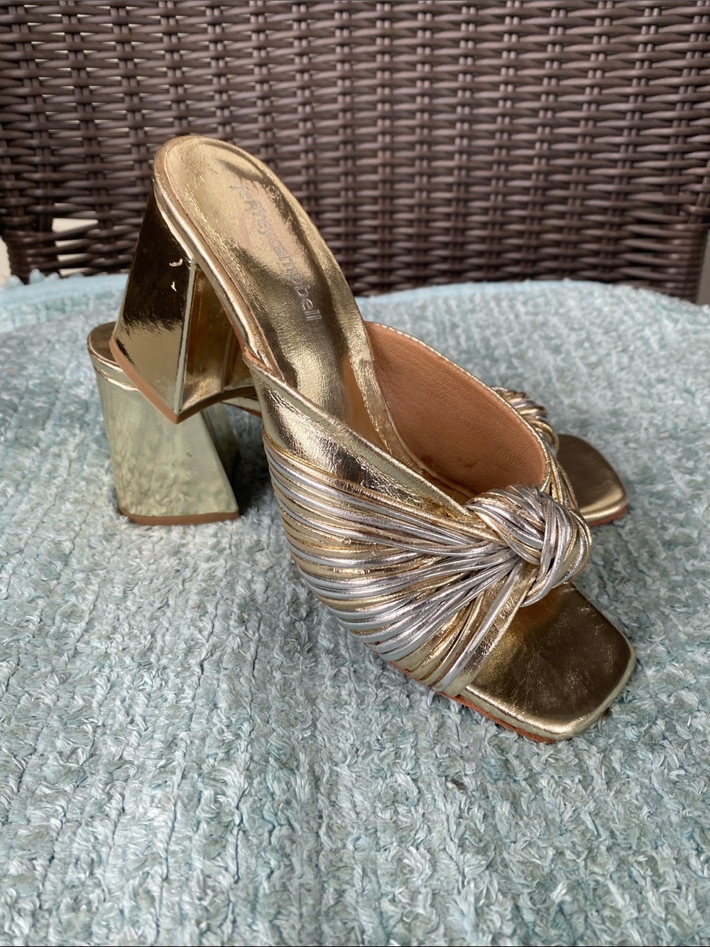 Jeffrey Campbell Melonger Slide Metallic Gold Knot-Front Block Heel Mule